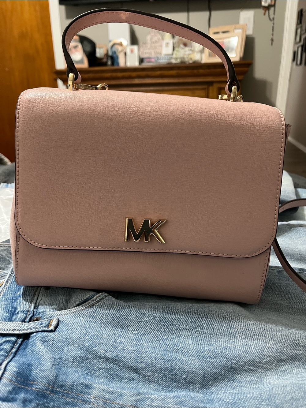 Michael Kors Blush Pink Leather Top-Handle Satchel with Gold MK Logo